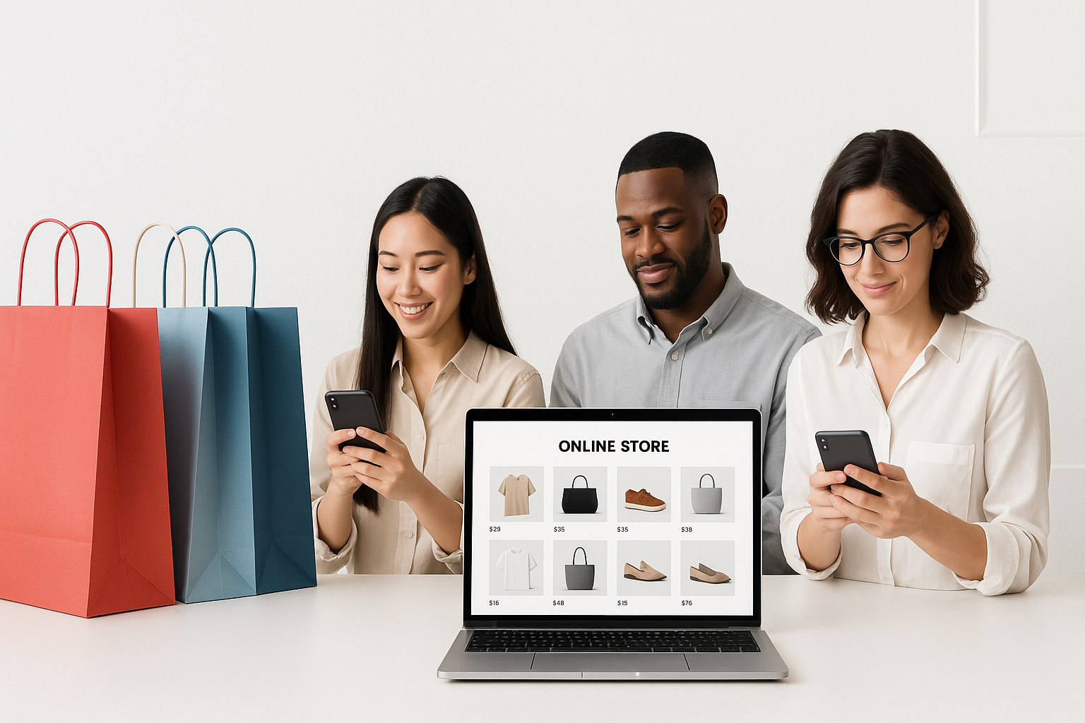 Modern e-commerce store banner, shopping bags, laptop with online store screen, customers browsing products, clean minimal background, professional style
