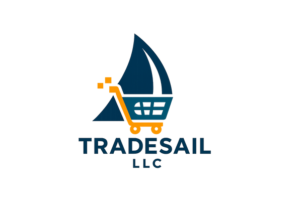 Modern flat logo for "TRADESAIL LLC", sail-shaped icon representing global trade, combined with digital shopping icon, bold and clean design, white background, vector style