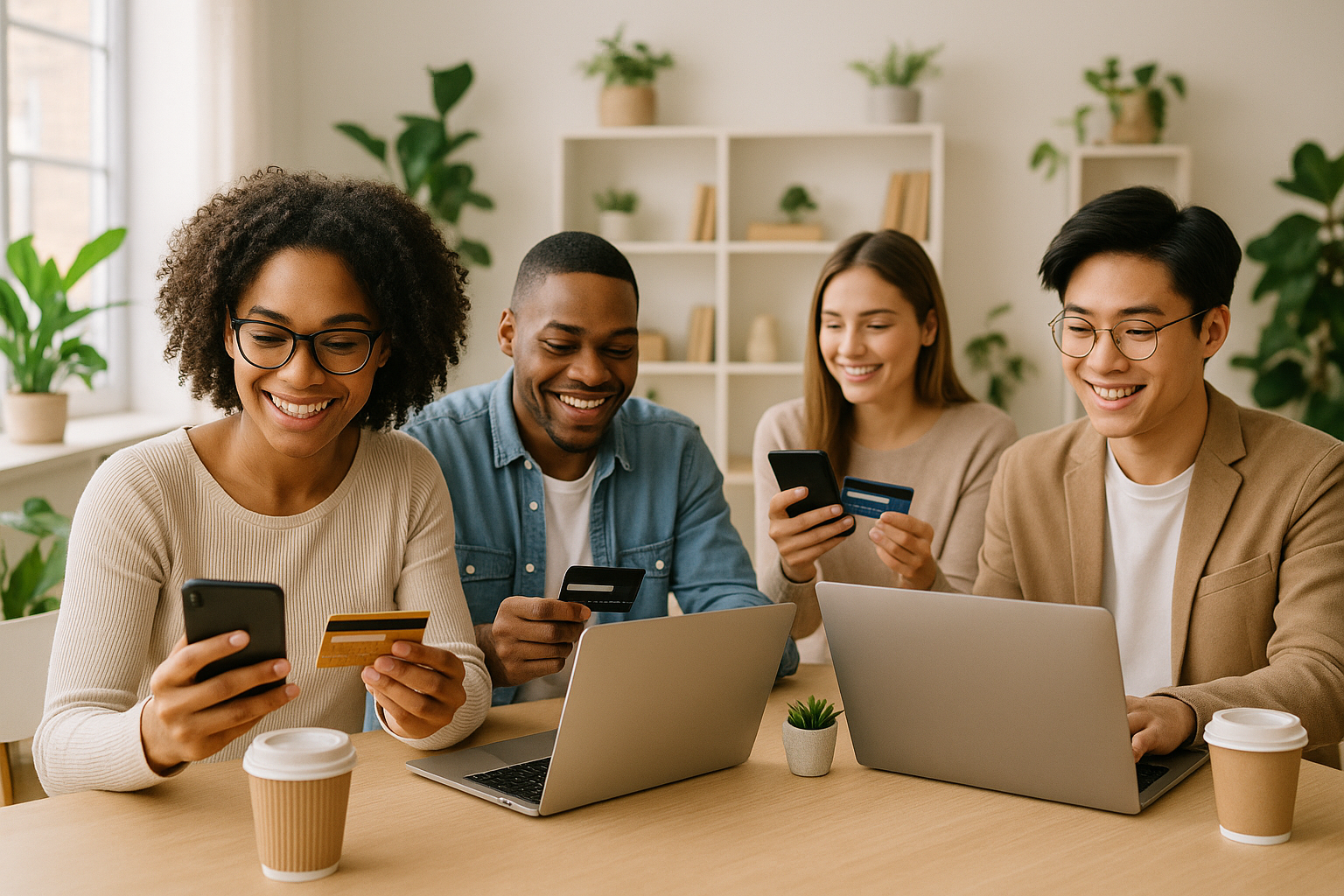 Young professionals shopping online with laptop and smartphone, ecommerce lifestyle, bright modern setting
